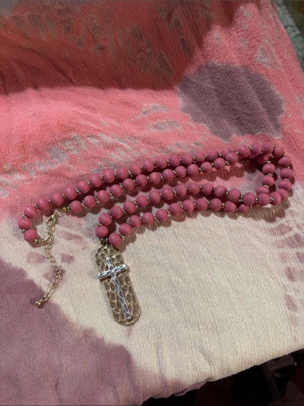 Pink Beaded Cross Pendant Necklace